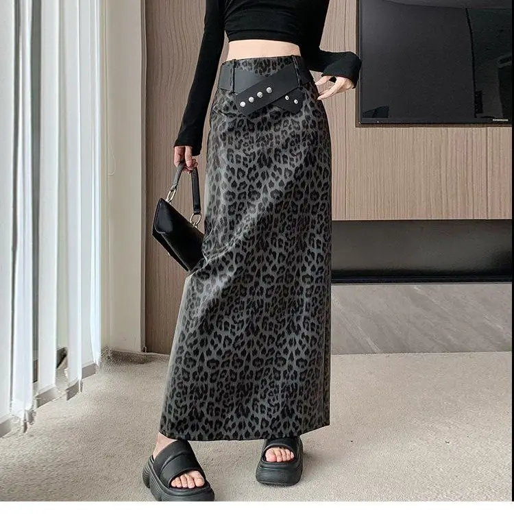 Women's Leopard Print Long Skirt, Leather Skirt, Hip-hugging Slit, Fashionable High-waisted Long Belt Skirt