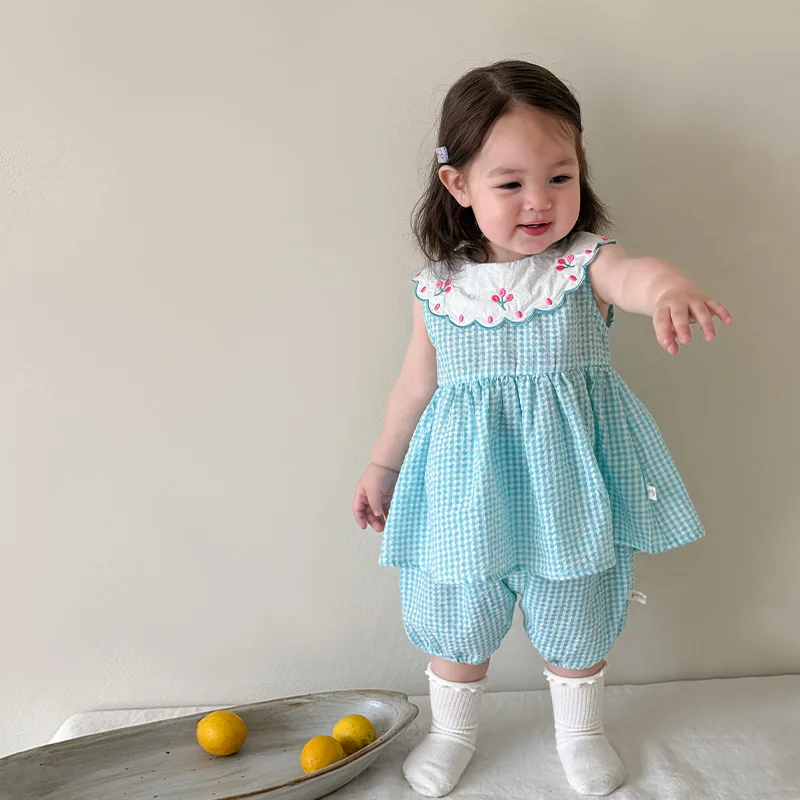 2026 Spring/Summer New Hot Selling Children's Lotus Leaf Collar Crushed Grid Cotton Top and Shorts Two Piece Set