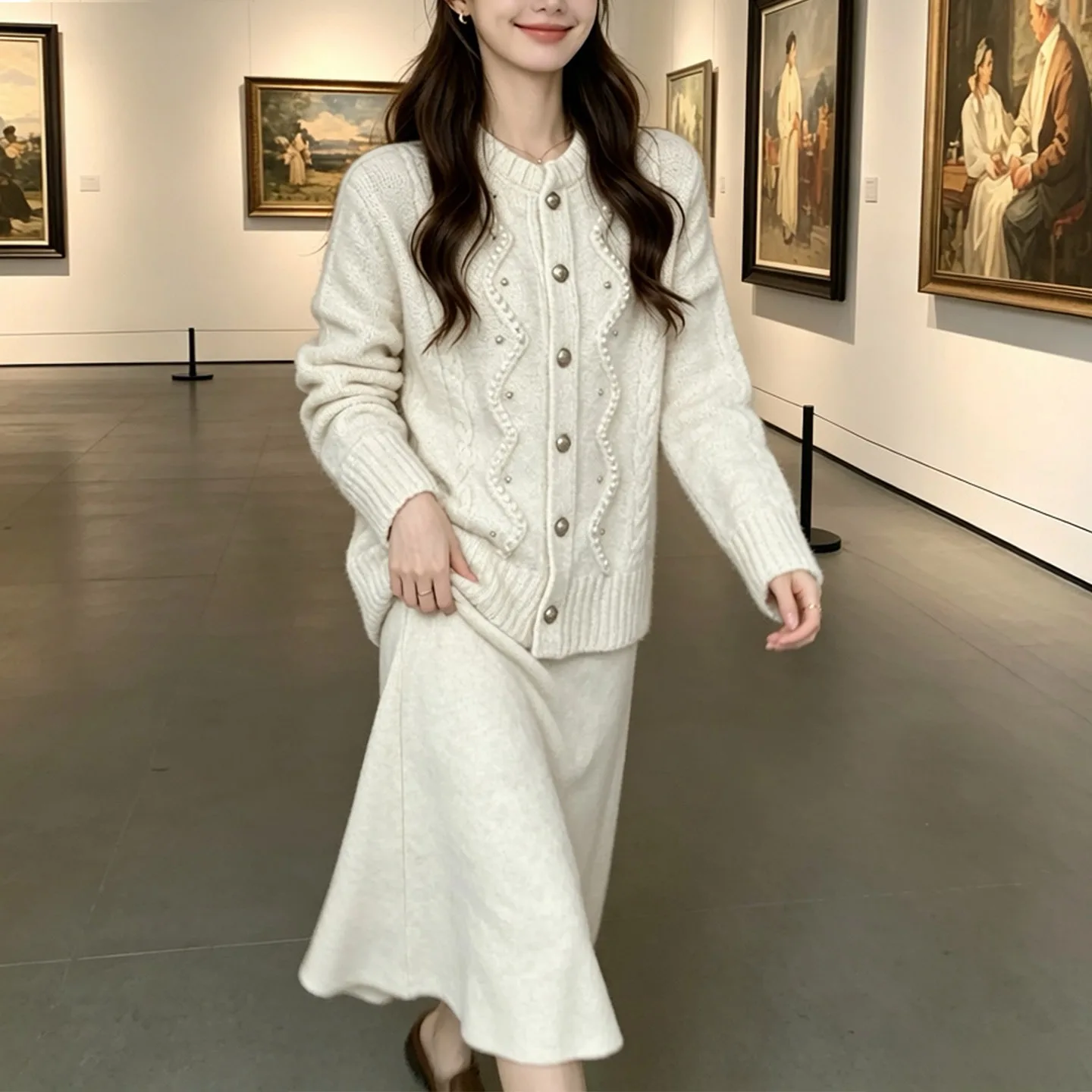 Autumn Winter Knitted Sweater Cardigan Skirt Two Piece Set Pearl Embellished Little Black Dress Style Casual Sportswear