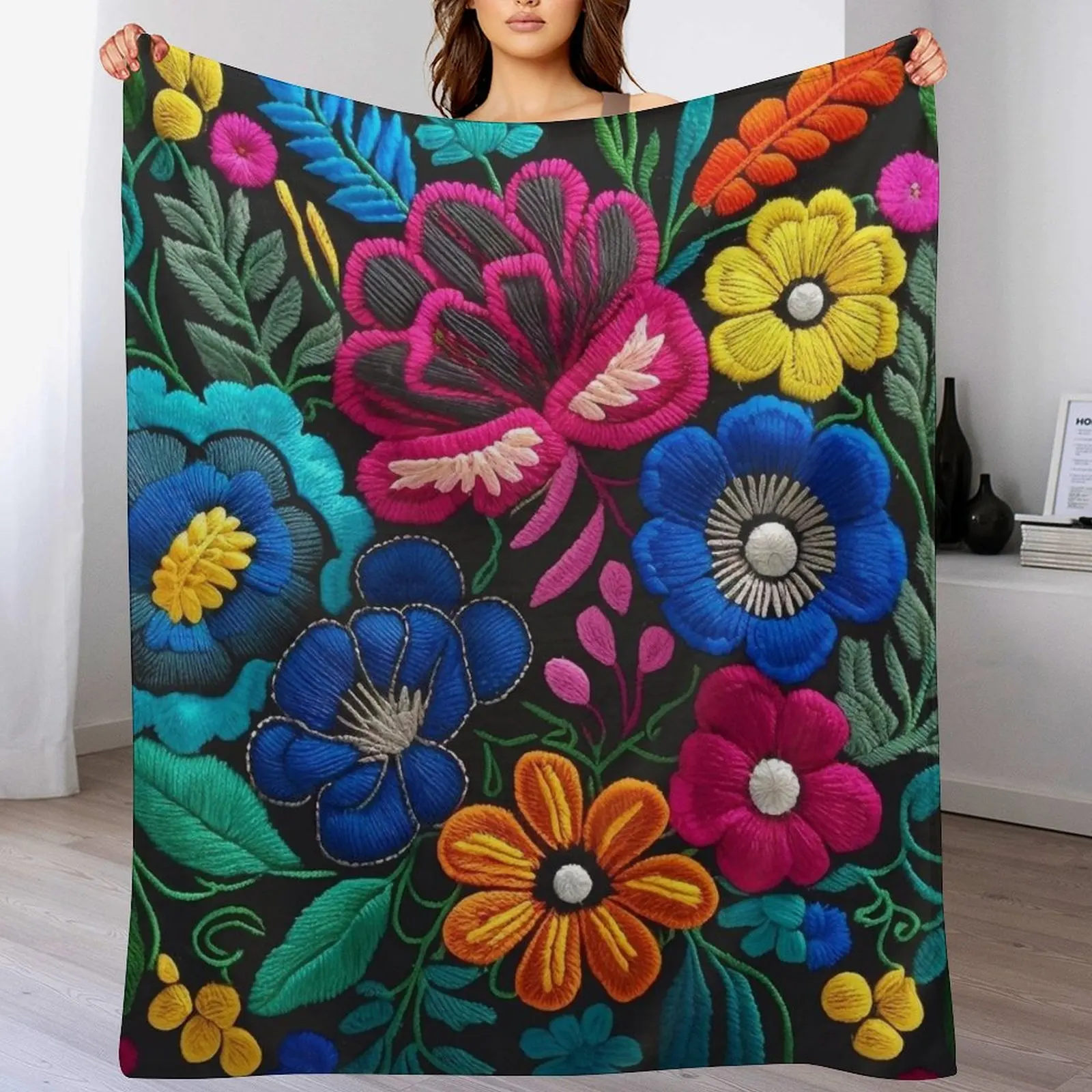 

Spanish Embroidered-Looking Flowers Throw Blanket