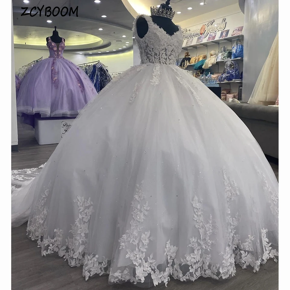 Robe de mariée en appliques de paillettes personnalisées, robe de Rhlongueur au sol, train de balayage, fibtulle, robe de Quinceanera à lacets, 2024