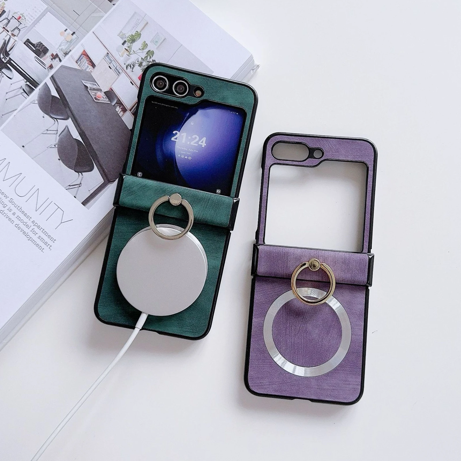 Magnetic Ring Matte Leather Case for Samsung Galaxy Z Flip 6 5G ZFlip 5 4 3 Busniess Phone Cover with Bracket Hardware Buckle