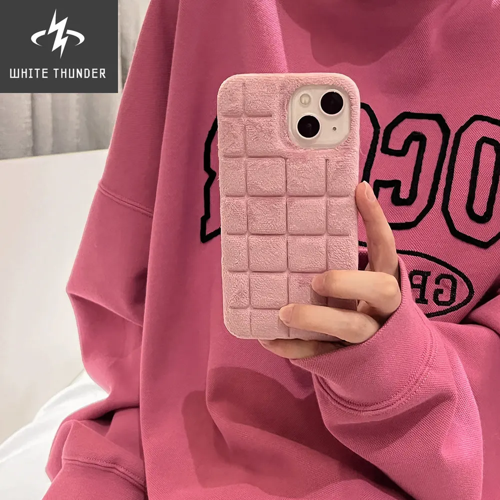 Japan Korean Winter Plush Square Lattice Soft Phone Case For IPhone 14 12 11 13 Pro Max 11 12 13 14PLUS Shockproof Back Cover