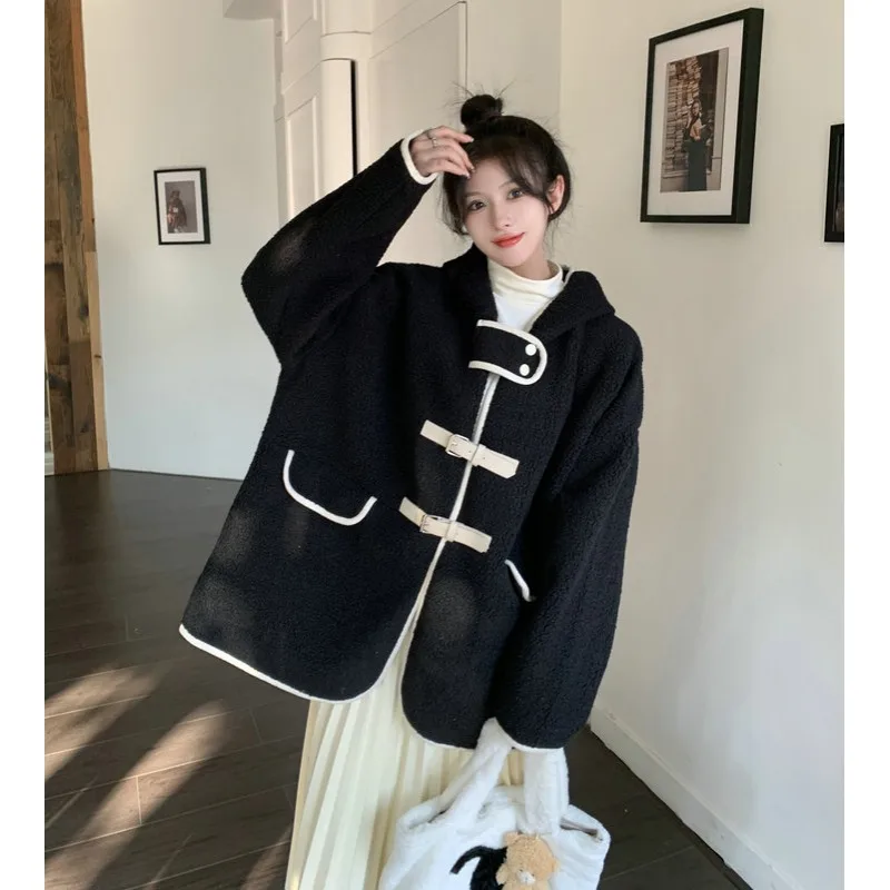 

Korean Style Women Hooded Lamb Wool Coat Fashionable Full Sleeve Solid Color Thermal Ladies Jackets Casual Outerwear