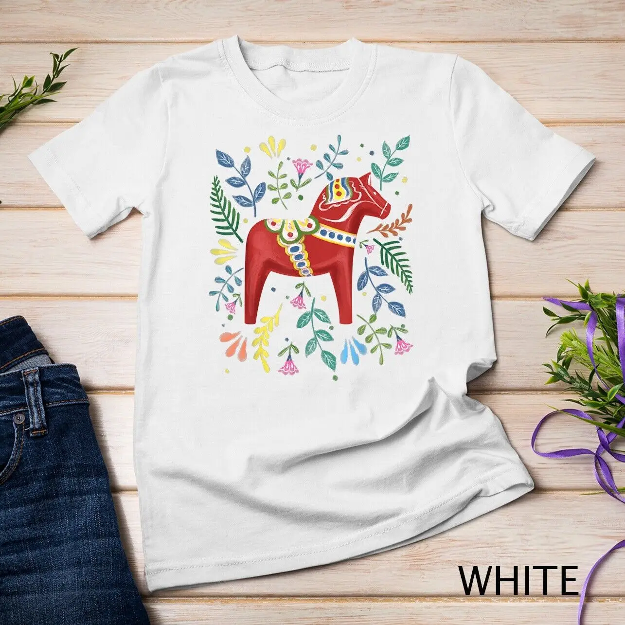 Swedish Dala Horse Folk Art Sweden Flag Dalahelmsoljd Horse Unisex T-shirt