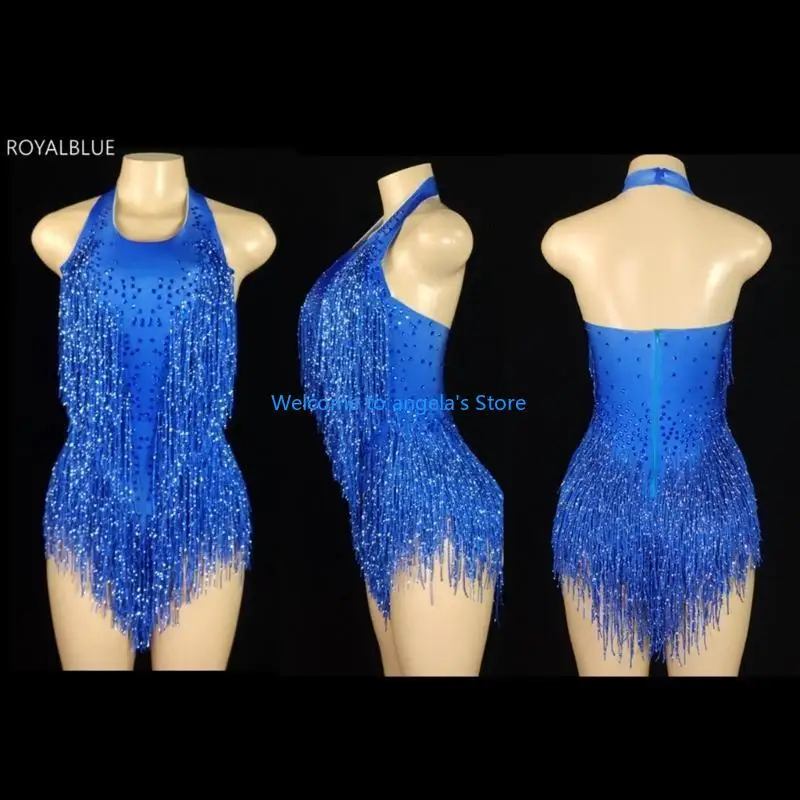 X4YC Femmes Costume danse latine Halterneck Backless Danse Danse Sequins Tassels Fringe Latin Dance Ten femmes danser
