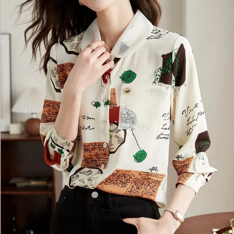 Geometric Hand-Painted Chiffon Printing Button Lantern Long Sleeve Women\'s Clothing Cardigan Shirt Casual Turn-down Collar Tops