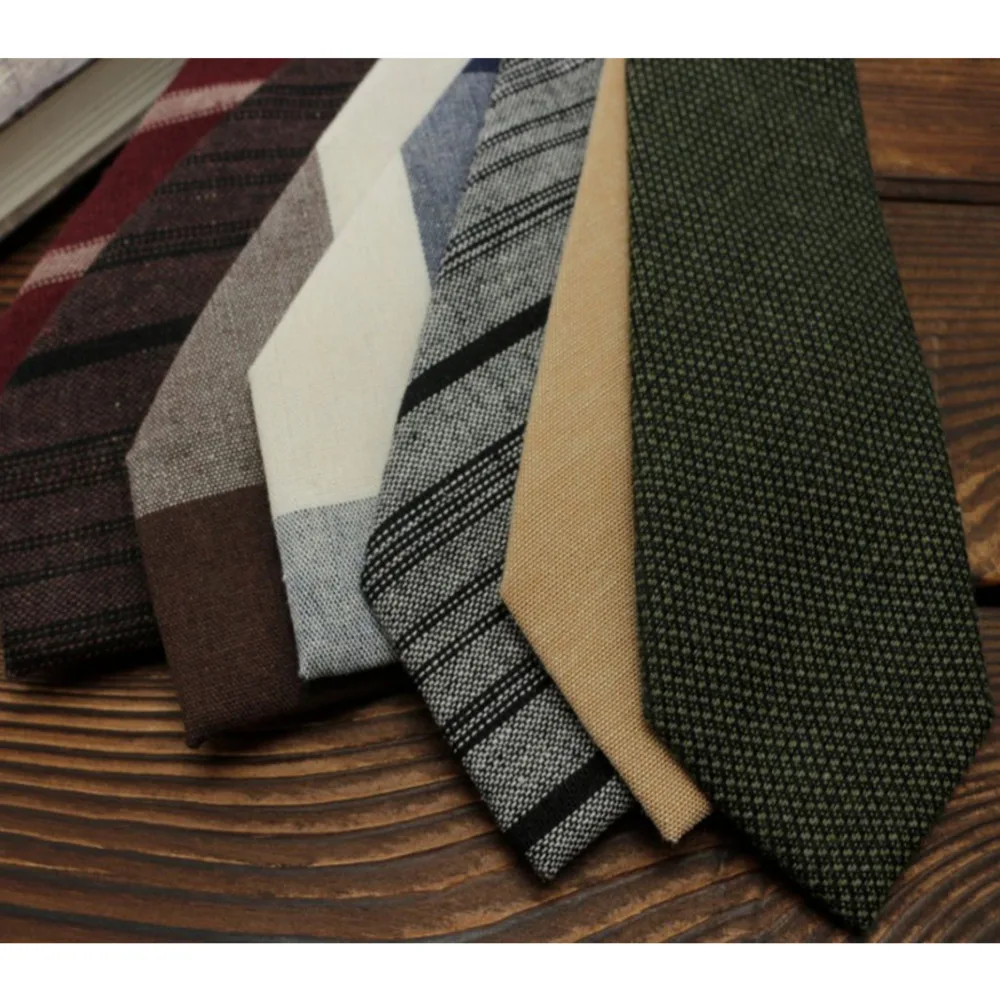 Cotton Linen Brown Ties For Men Formal Dress 7cm British Casual Necktie Striped Plaid Cravat Women College Style Shirt Neckwear