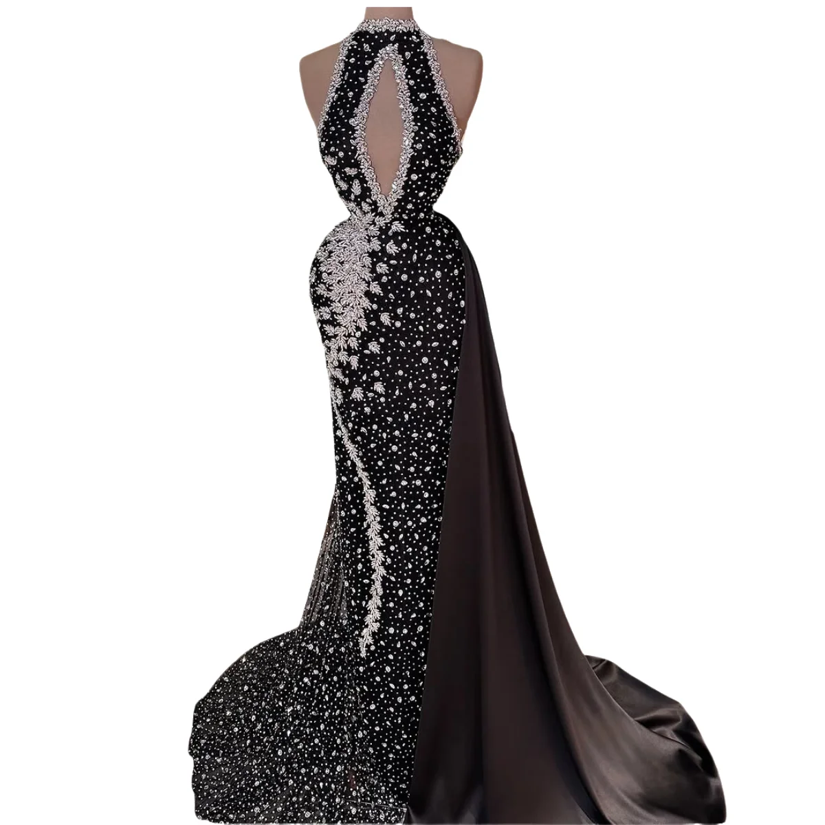 

Neckline Rhinestone Polka Dot Evening Dress Luxurious Evening Gown Black Slim Fit Gowns Sexy Openwork Side Train Dress