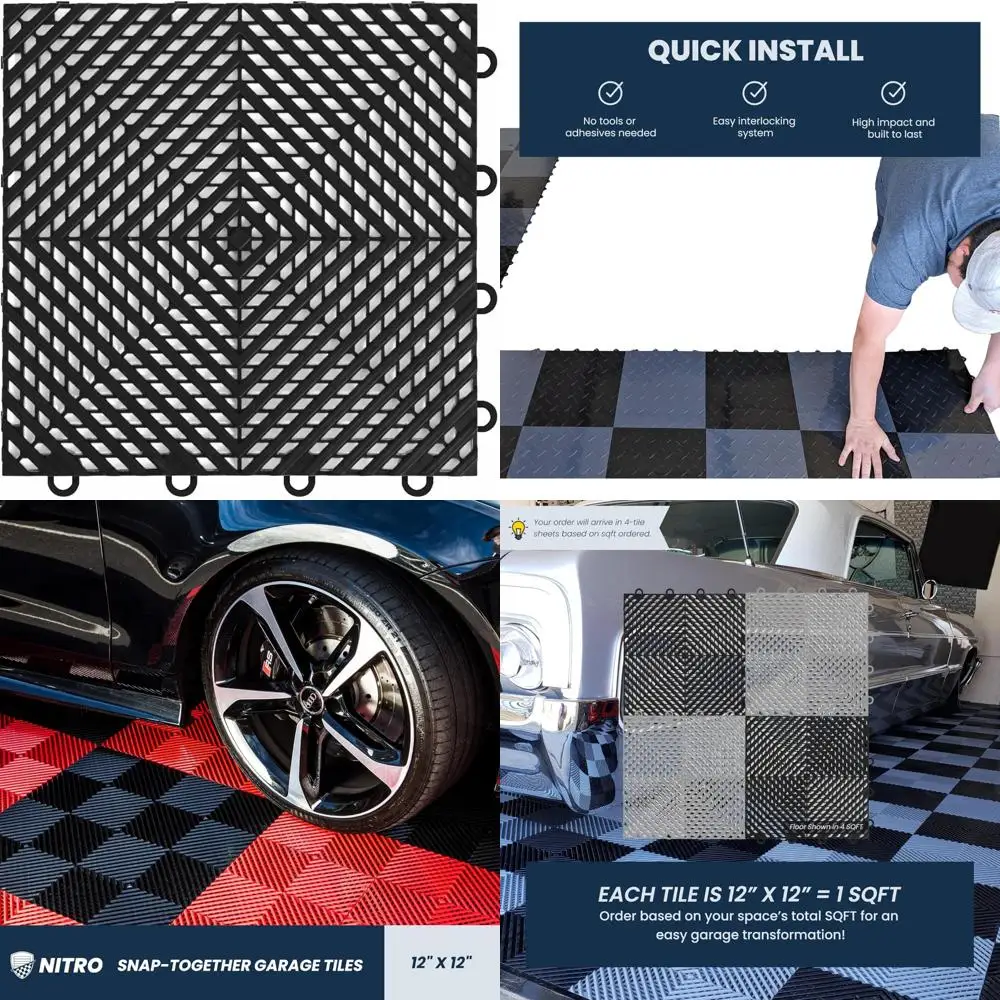 Non-Slip Interlocking Plastic Garage Floor Tiles, 12x12, Vented, Midnight Black, 24 Pack, Snap-Together Design, Large Size Tiles
