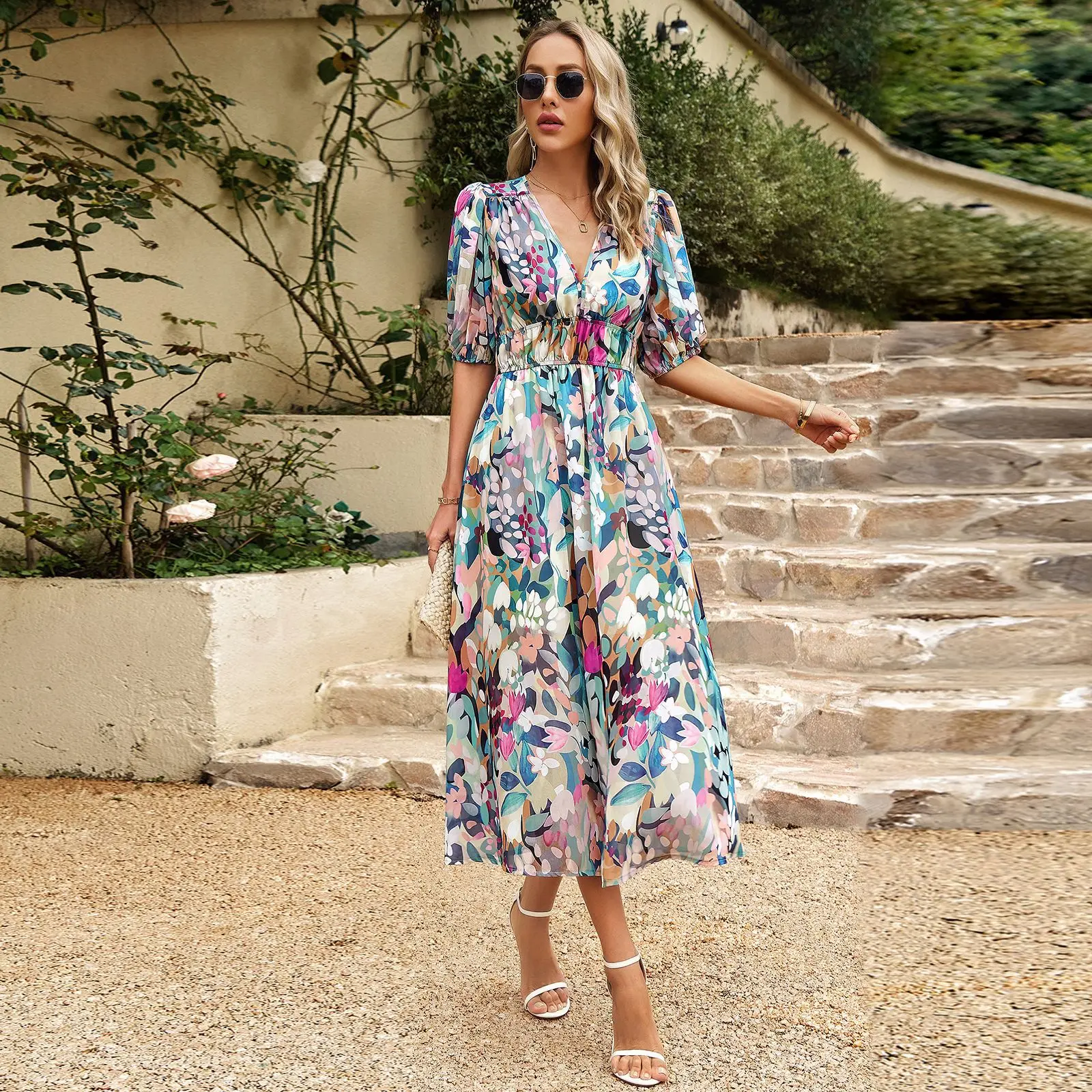 

Summer Women's Floral Print Short Sleeve Dress V-Neck Loose A- Line Long Dress Slimming Waist Comfortable Maxi Dress