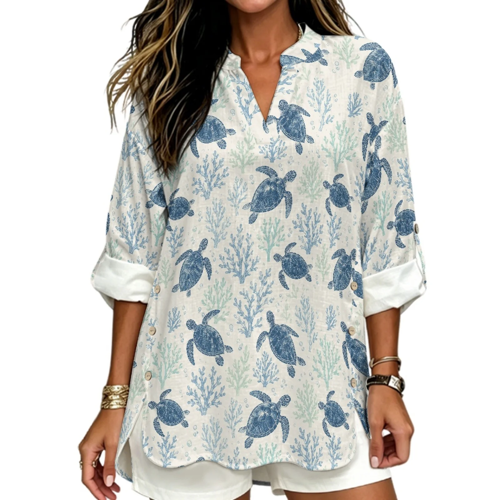 PENSTROLL Sea Turtle Coral Print Linen Like Tunic Blouse V Neck Tunic Tops for Women Rolled Cuff Sleeve Design V Neck Blouse
