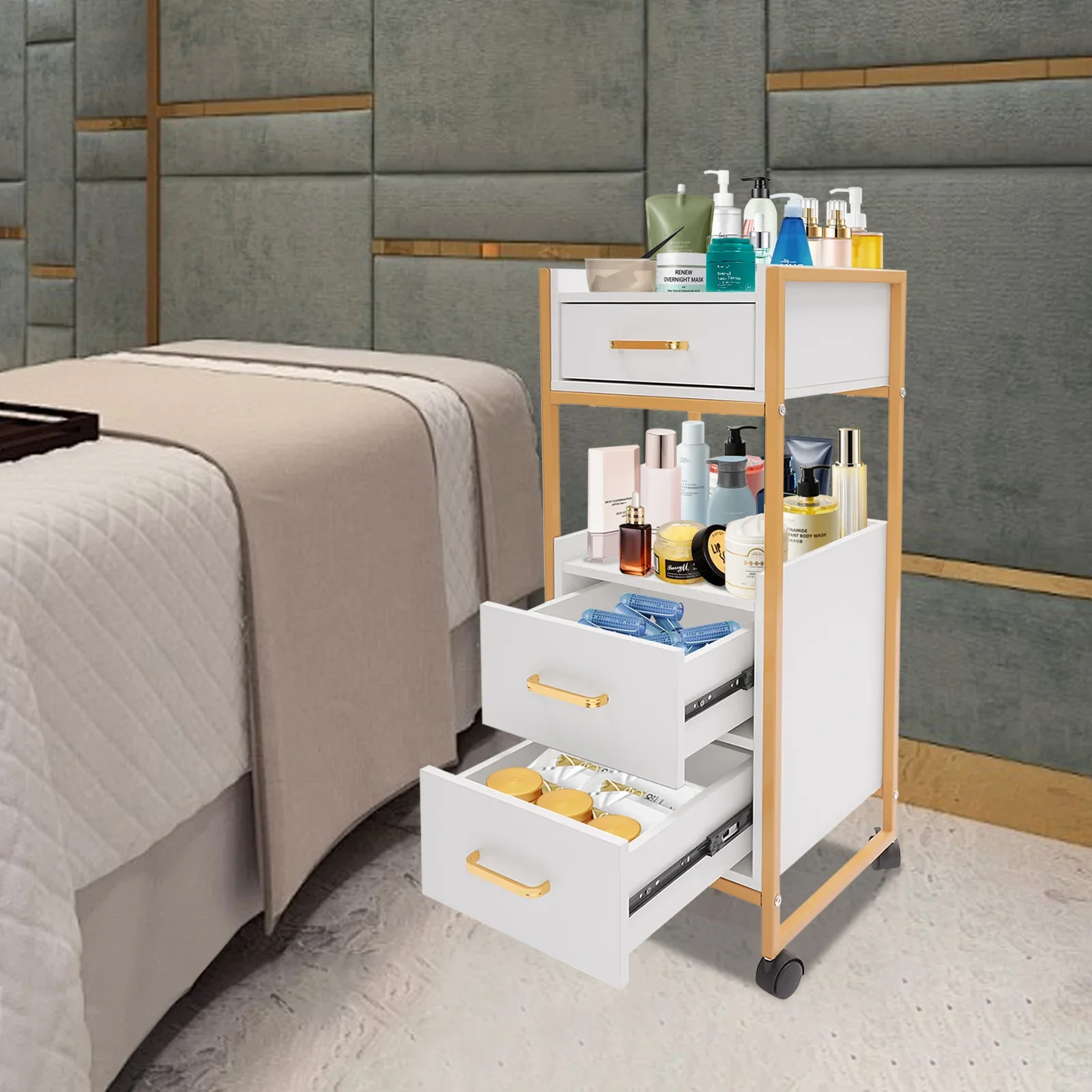 عربة صالون الحلاقة مع 3 أدراج وعجلات، منظم تخزين مستحضرات التجميل لخزانة الأدوات المتنقلة باللون الأبيض الذهبي لمصففي الشعر #5