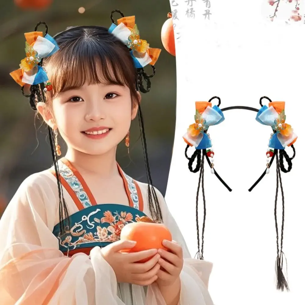 

Flower Children Wig Headband Tassel Braid Hair Hanfu Hair Sticks Tang Suit Hair Hoop Ancient Style Chinese New Year Headwear