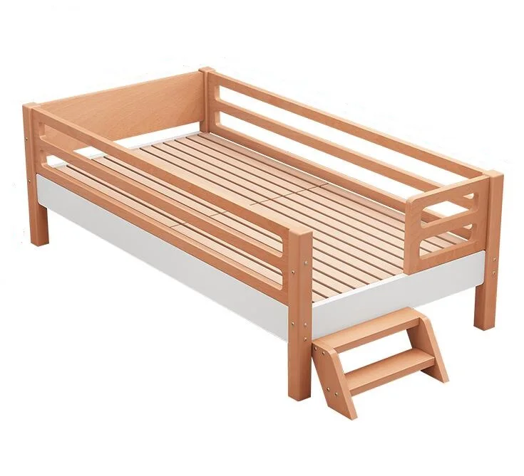 Mixed Colors Solid Wood Beech Single Bed Children Toddler Bed with Ladder Attached Bedroom Furniture