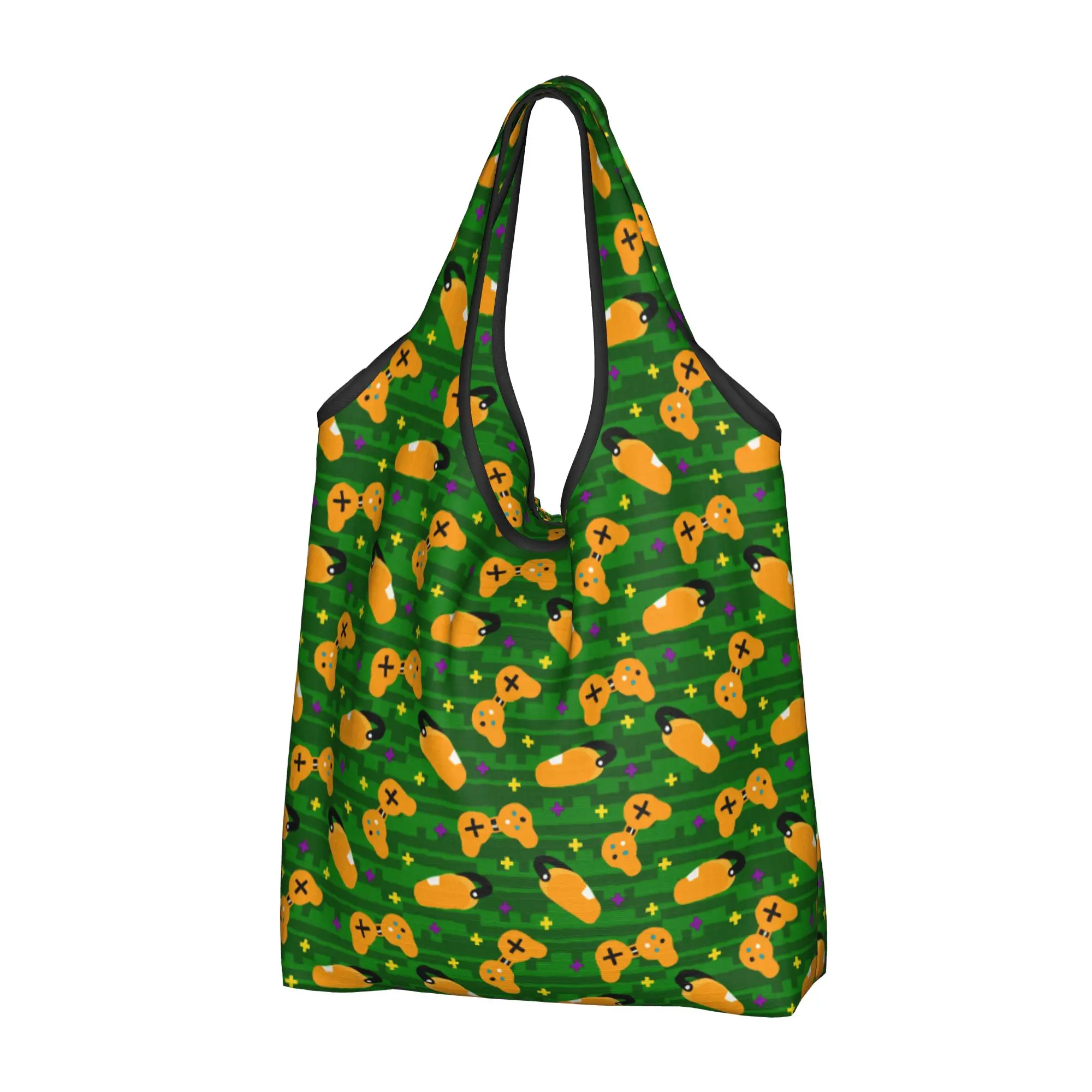 Geometric Game Joystick  Groceries Shopping Bags Funny Shopper Shoulder Tote Bags  Portable Orange Game Controllers Handbag