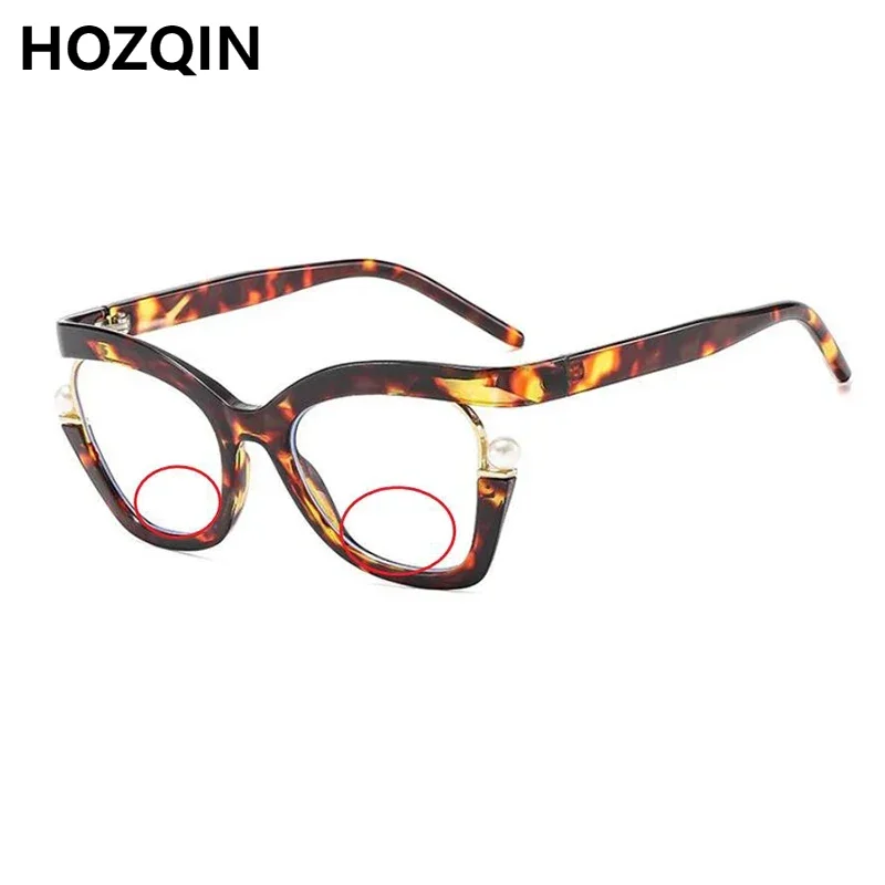 New Fashion Women Large Cat Eyes Anti Blue Light Bifocal Reading Glasses Ladies Pearl Design Look Near Far Hyperopia Spectacles