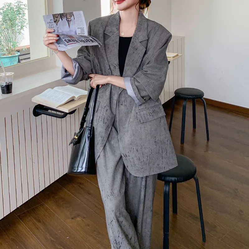 EAEOVNI 2025 Büro Dame Frauen Zwei Stück Set Unregelmäßige Taste Blazer Mantel + Breite Bein Lange Hosen Mode Neue Kleidung temperament