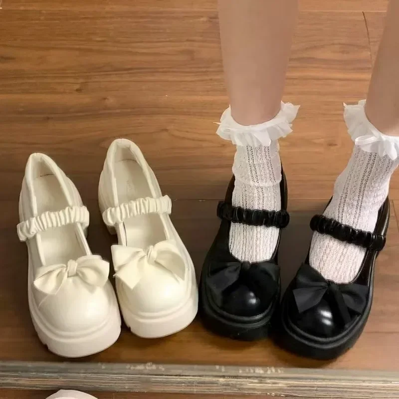 Chunky Platform High Heels Pumps Women Summer 2024 Leather Bow  Mary Jane Shoes Woman Thick Heeled Off White Black Lolita Shoes