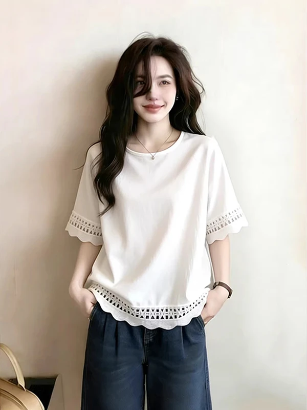 Hollow out White Short Sleeve T-Shirt Women's plus Size Loose Belly Covering Top Korean Style Summer Commute Fashion