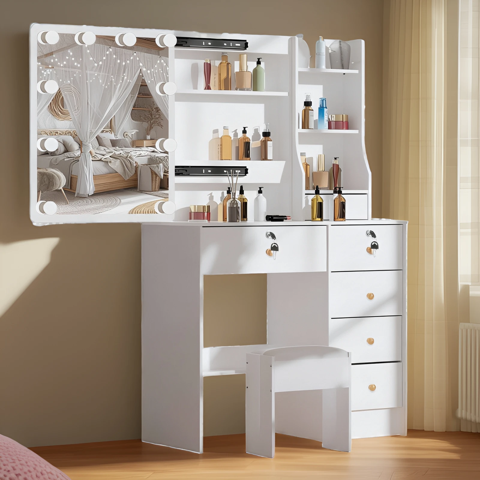 طقم طاولة مكياج لغرفة النوم باللون الأبيض مع أدراج مقعد مرآة LED #2