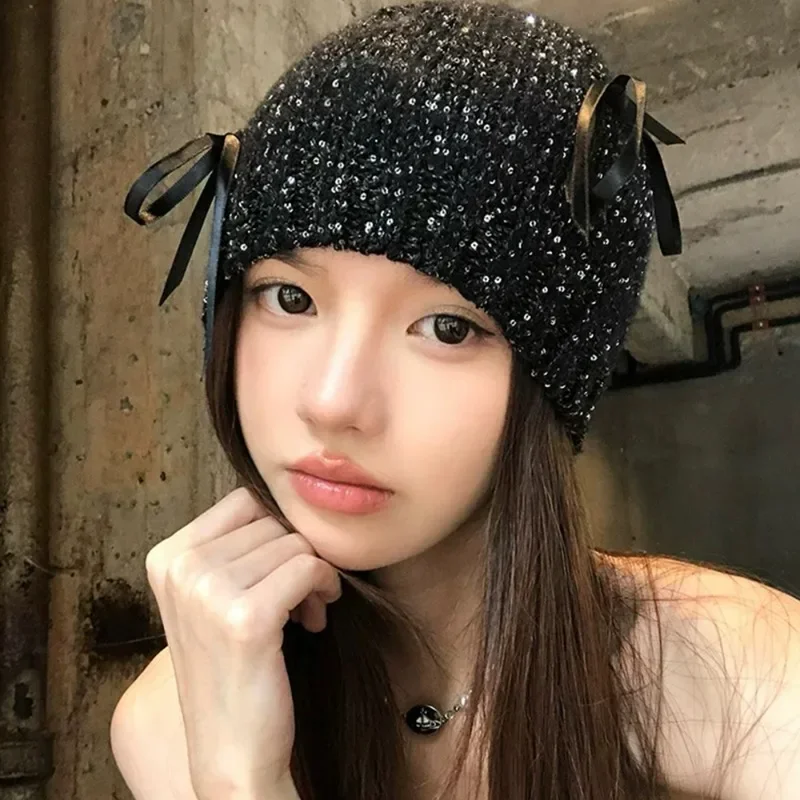 

Pearl Bow Knitted Cap Winter Women Girls Warm Sequined Comfortable Hats Versatile Casual Daily Beanie Caps Fashion Accessories