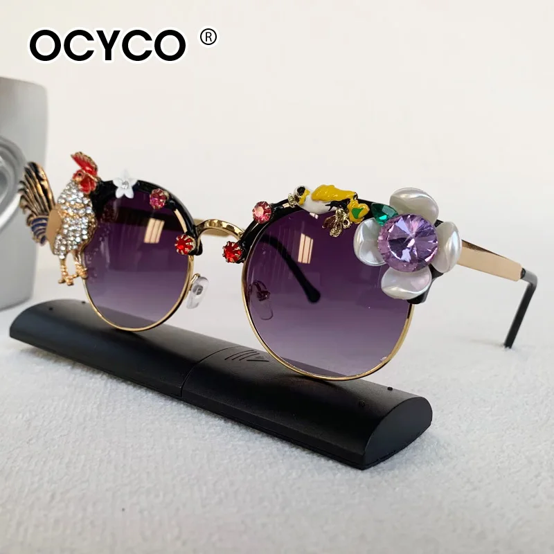 

Роскошные круглые солнцезащитные очки ручной работы в стиле барокко, женские оригинальные праздничные очки для вечеринок, высококачественные солнцезащитные очки с золотой курицей для девочек