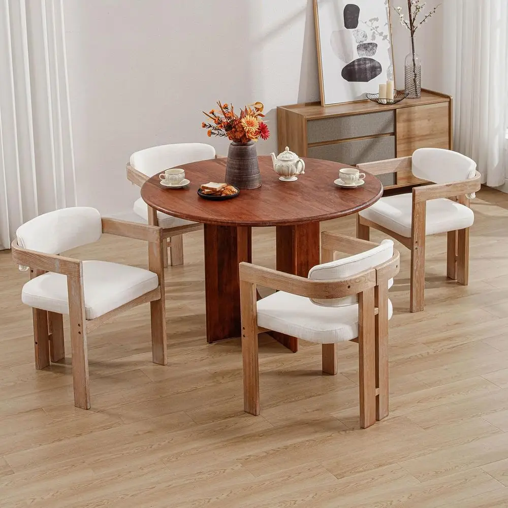 

Комплект из 4 мягких деревянных стульев-бочонков с льняной обивкой, белые, для столовой/гостиной/спальни/ресторана