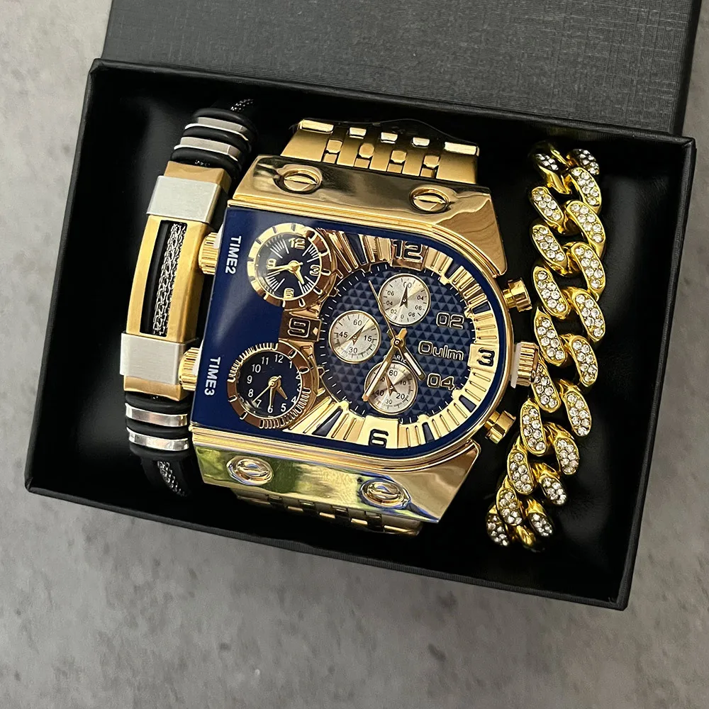 Men's luxury rectangular gold silver large face luminous waterproof quartz watch set, sports multi time zone military uniform st