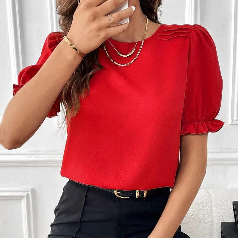 Bluzka damska 2024 Summer New Fashion Style Solid Color Round Neck Shirt Top Office Lady Elegant Bubble Sleeve Pullover Shirts