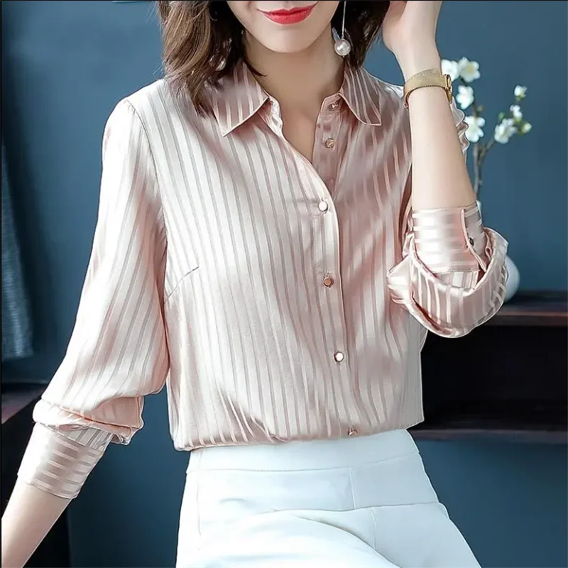 

Imitation Silk Blouses Women Shirt Long sleeved Women's Shirt Basic Shirts Cardigan Tops OL Shirt Spring Woman Clothes Blouses