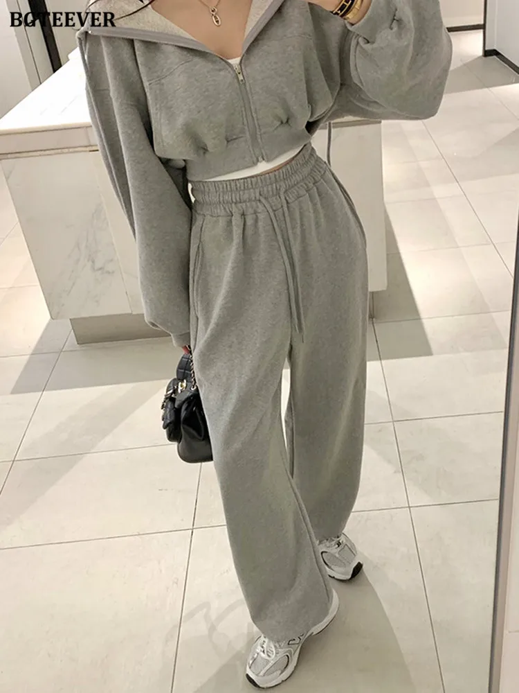 BGTEEVER Spring Ladies Tracksuits Long Sleeve Zippers Hooded Sweatshirts & Wide Leg Drawstring Pants Casual Women Trouser Set