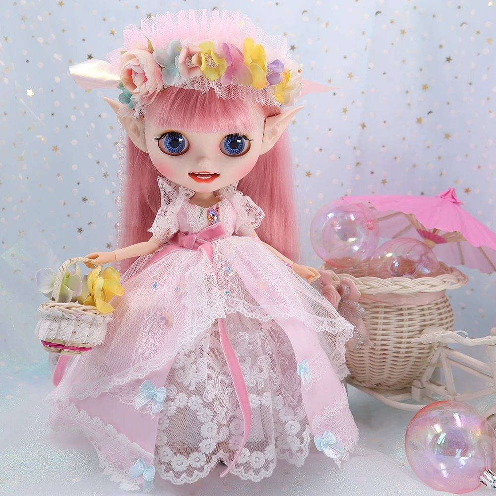 ICY DBS Blyth 1/6 Doll Suit Pink Fairy Skirt Headband Elf Earmuff Flower Basket Anime Girl BJD