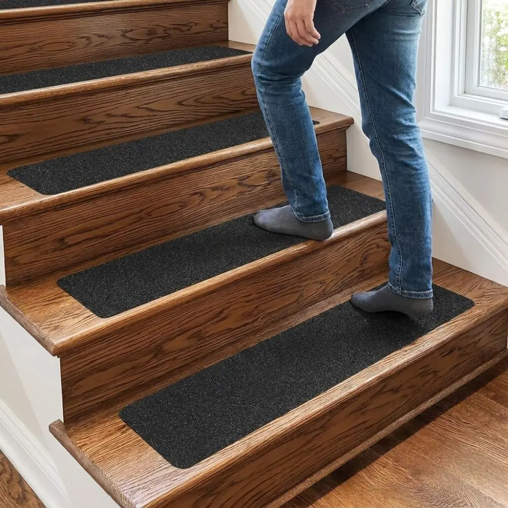 6Pcs Black Frosted Self‑Adhesive Stair Tread Mat Self-Stick Pre-Cut Anti-Slip Stair Treads Tear‑Resistant Waterproof