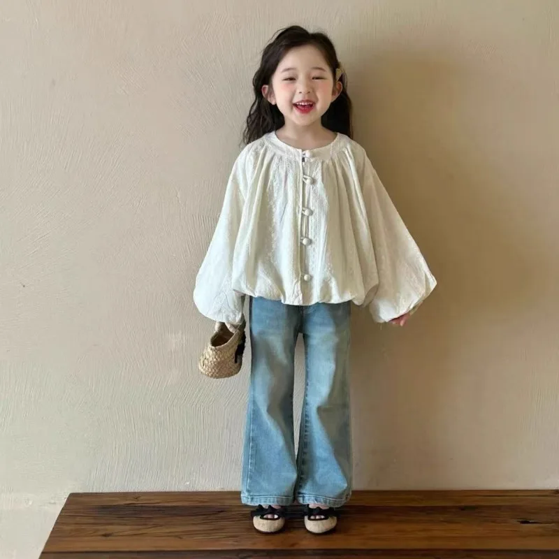 

Girls Blouses 2025 Sutumn Spring Korean Style Fashion Sweet Versatile Minimalist Puff Sleeves Loose White Solid Color Tops