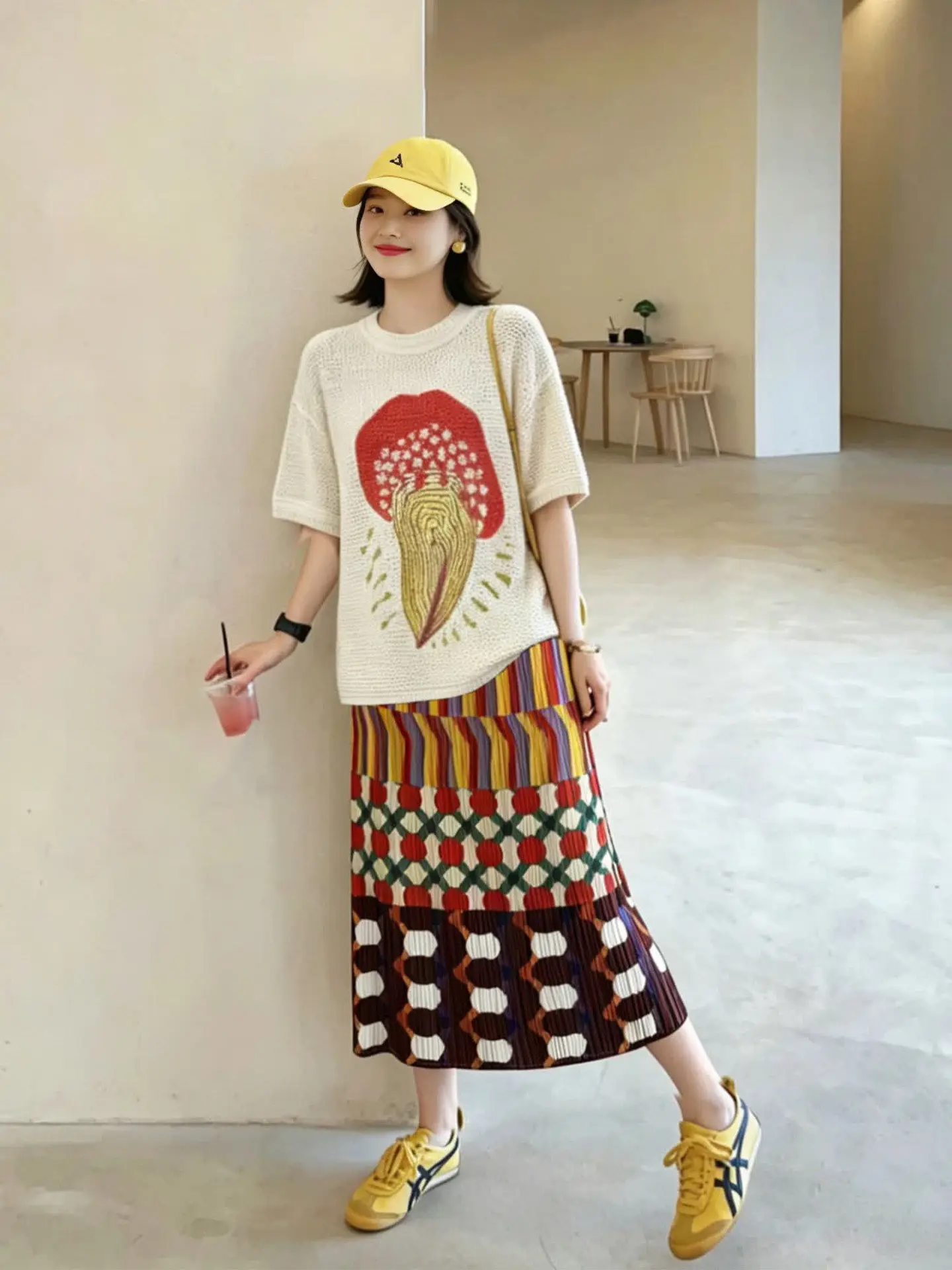 Geometric Color Block Pleated Midi Skirt Women's Half-length Vintage Style Two-piece Set Polyester Fabric Loose Fit H-Shape