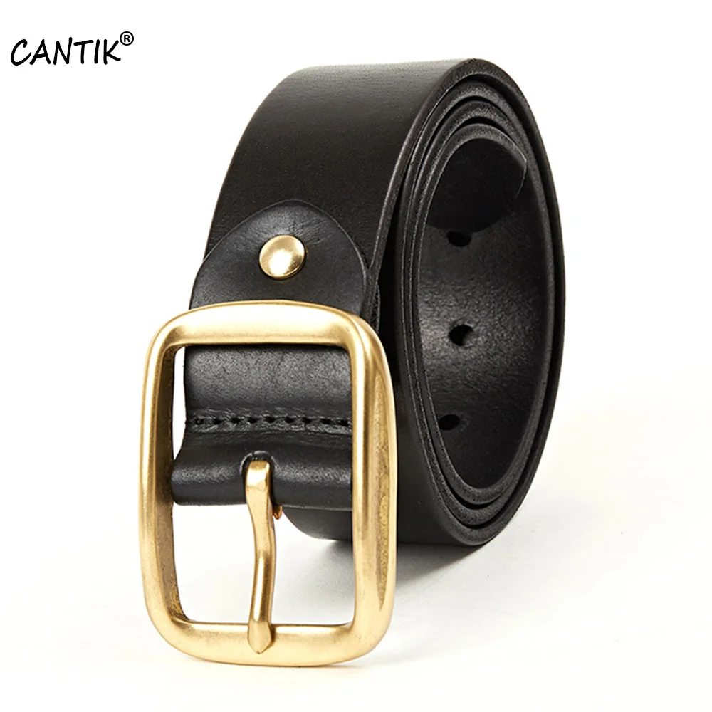 CANTIK Men's Design Top Quality Cow Genuine Leather Belts Retro Brass Pin Buckle Male Jeans Accessories for Men 3.8cm Width 120