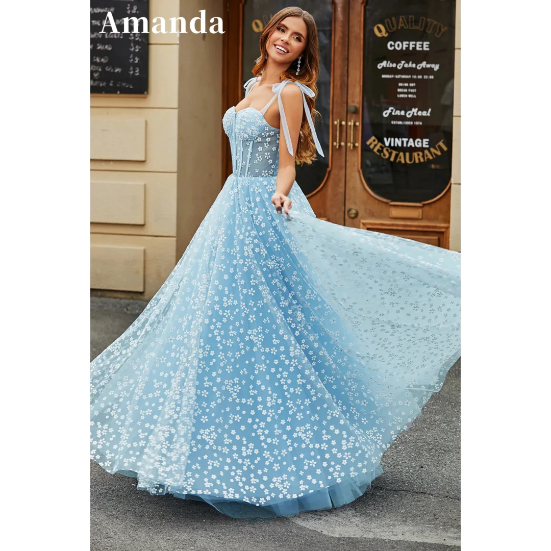 

Amanda Sky Blue Spaghetti Strap vestidos de noche Lace Appliques Prom Dresses Elegant Sleeveless Floor-Length Formal Evening