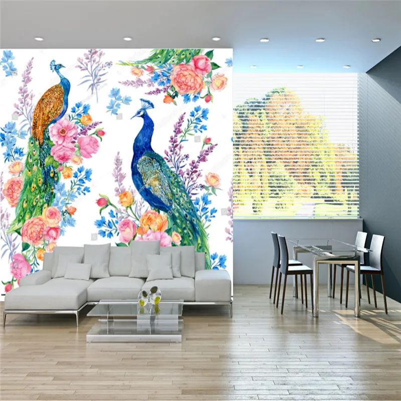 Modern Wallpaper for Living Room Watercolor Beautiful Bird Peacock Flowers TV Sofa Background Wall Papers Home Decor Mural