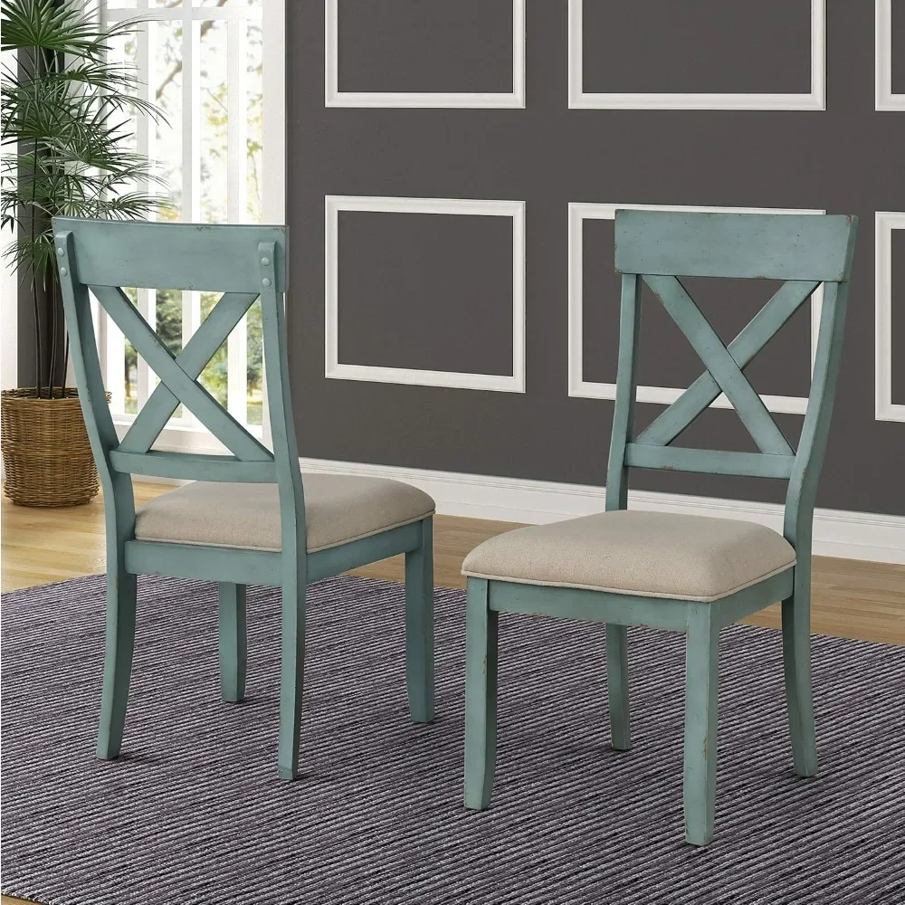 Dining chair.Furniture Prato Two-Tone Wood Cross Back Upholstered Dining Chairs,Set of 2,Blue and Tan 23.5