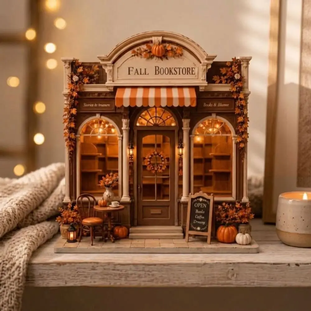 2D Flat Halloween Wooden Shop Ornament Vintage Maple Leaf Autumn Pumpkin Cafe Plaque Hand-Painted Light-Up House
