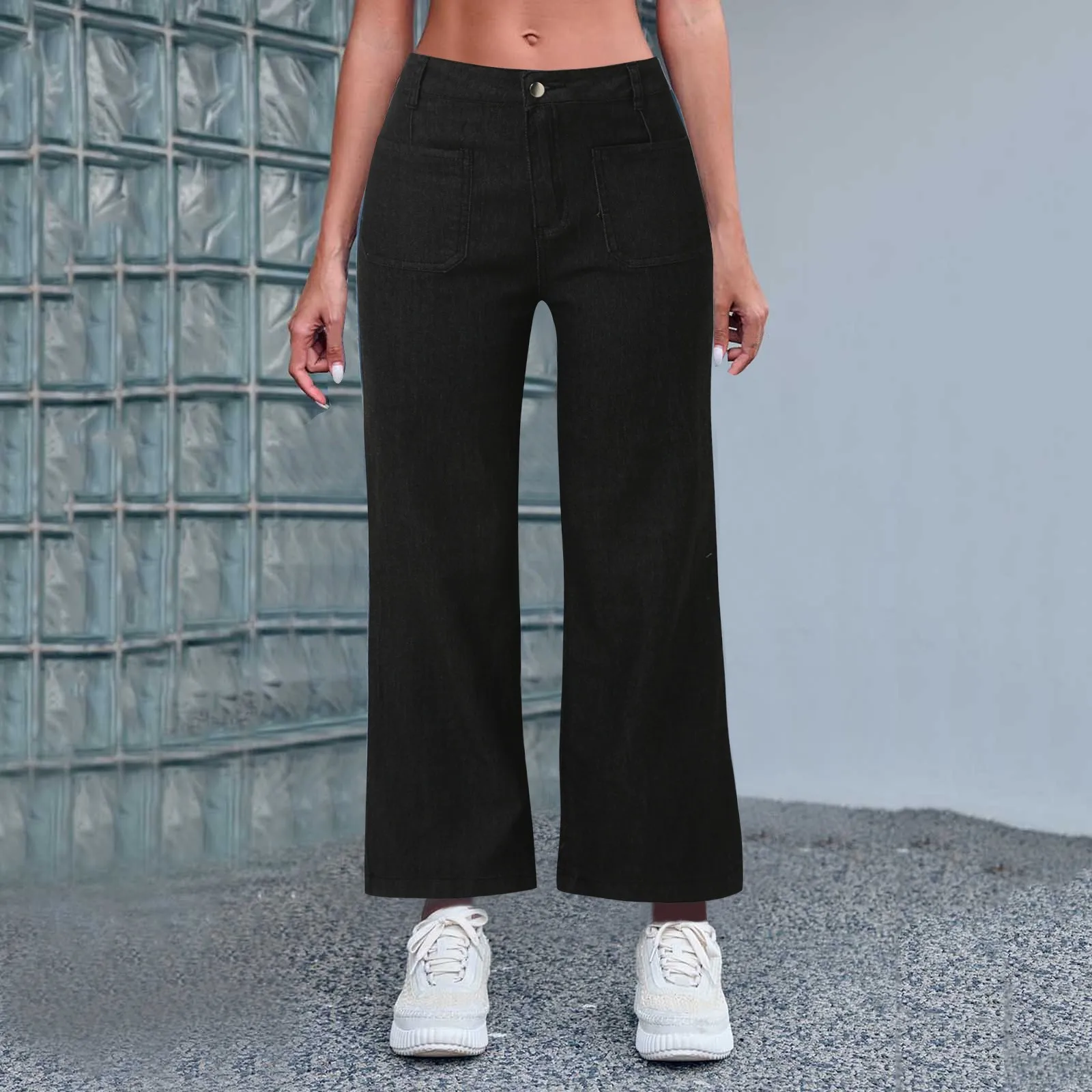 

Women's Spring And Summer Casual Comfortable Jeans Washed Stretch Flared Wide Leg Denim Pants Solid Color Loose Ninth Pants