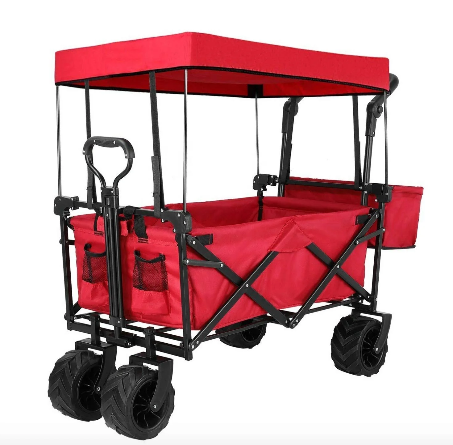 

2024 Camping Wagon Outdoor Picnic Beach Foldable Heavy Duty Portable Adjustable Trolley Wagon With Drink Holders