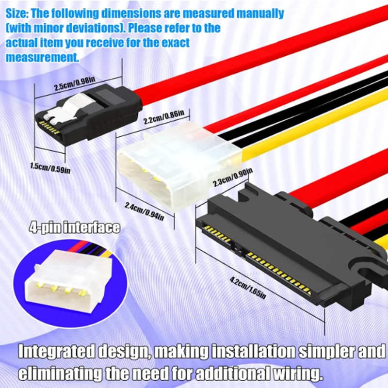 7+15-pin 22-pin Adapter to Molex 4Pin Power + Motherboard SATA Data Cable SATA Hard Drive Data Power Combination Cable