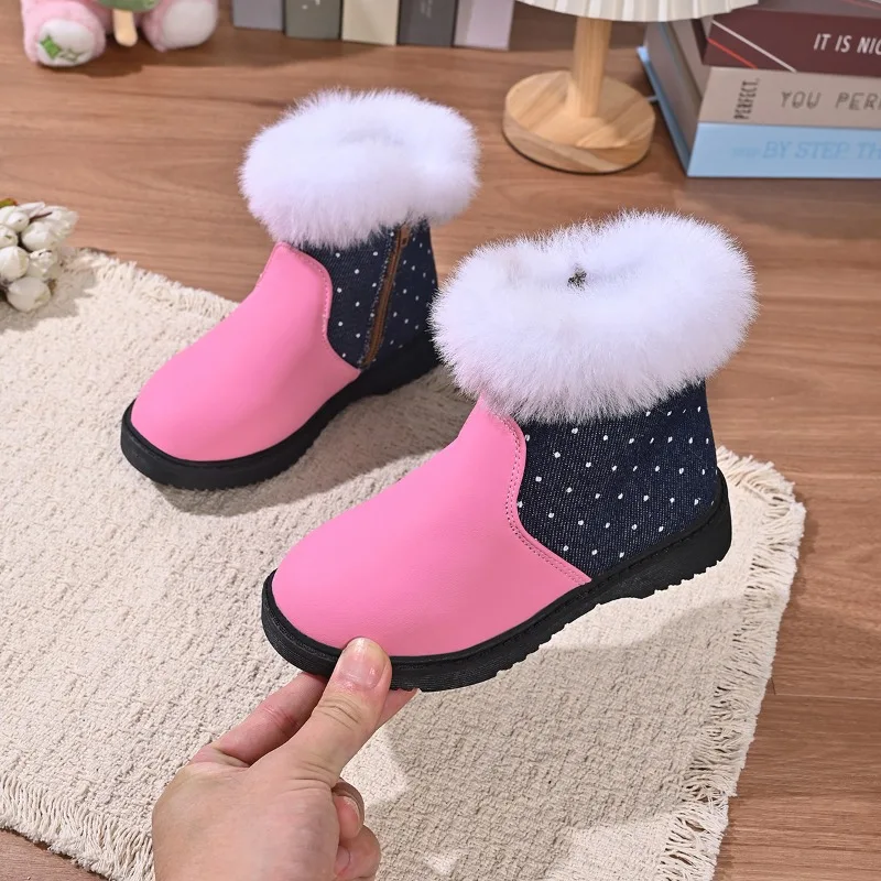 2026 Winter Kids Snow Boots Fur Lined Polka Dot Ankle Boots Fashion Warm Non-slip Children's Boots for Toddler Girls 26-37