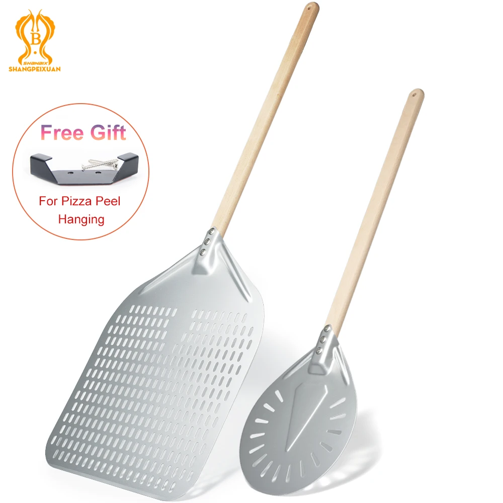 SHANGPEIXUAN Perforated Pizza Peel with Turning Pizza Peel Wood Handle Pizza Shovel Anodized Short Spatulas Baking Tools