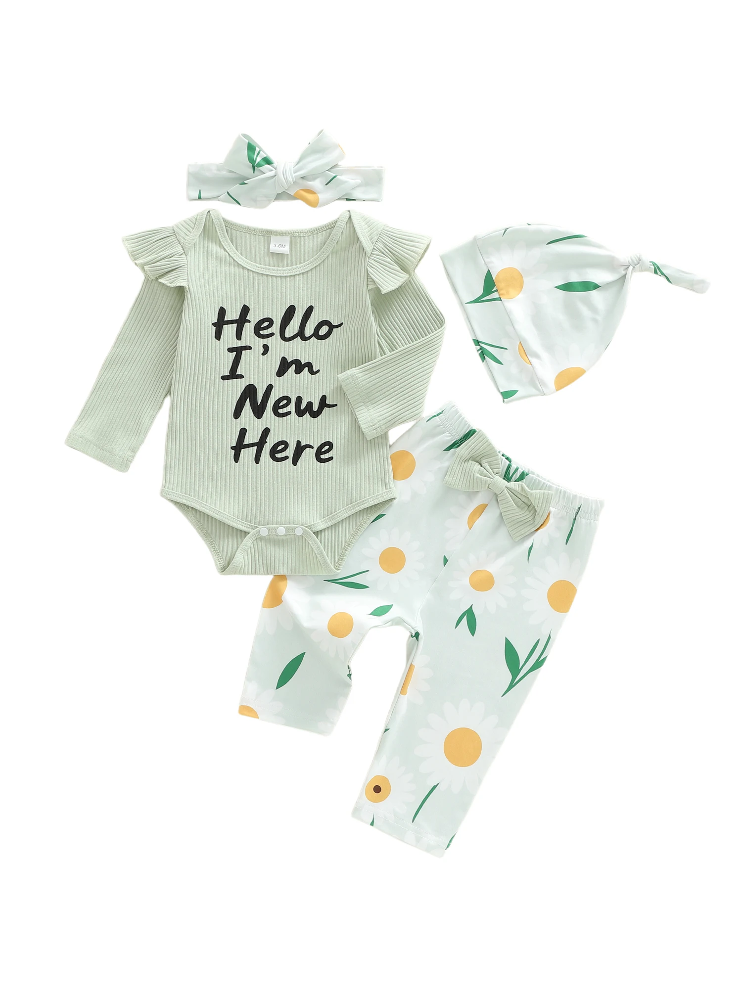 

Очаровательный осенний комплект одежды для маленьких девочек с комбинезоном с буквенным принтом, штанами с цветочным принтом, шляпой и повязкой на голову — наряд из 4 предметов