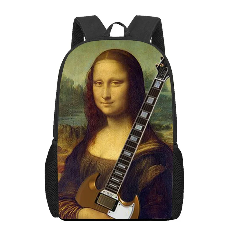 Sacs d'école d'art drôle de Mona Lisa pour garçons et filles, sacs de livre d'impression 3D, sacs à dos pour adolescents, sacs d'étudiant pour enfants, sac à dos de voyage décontracté