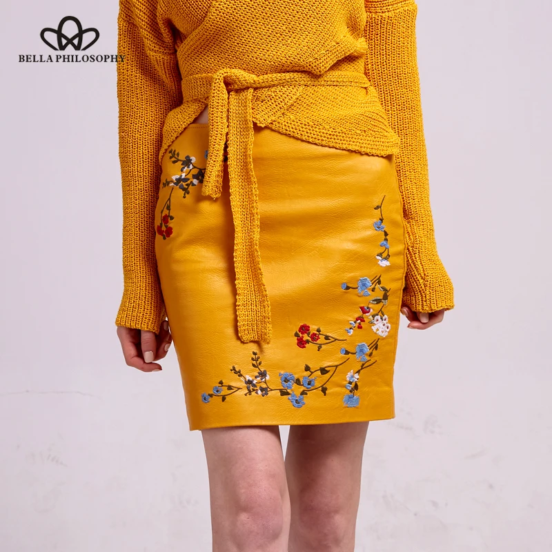 Bella Philosophy automne hiver femmes jupe femme broderie en cuir PU fermeture éclair Mini dames mode Vintage crayon