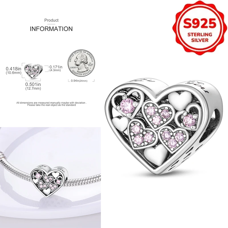 

Plata De Ley 925 Silver Heart-Shaped Pink Zircon Charms Beads Womens Original Bracelets DIY Jewelry Pendant Fine Gifts